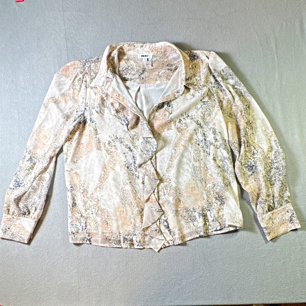 DKNY Women's XL Beige/Gray Abstract Chiffon Collared Ruffle Button Blouse